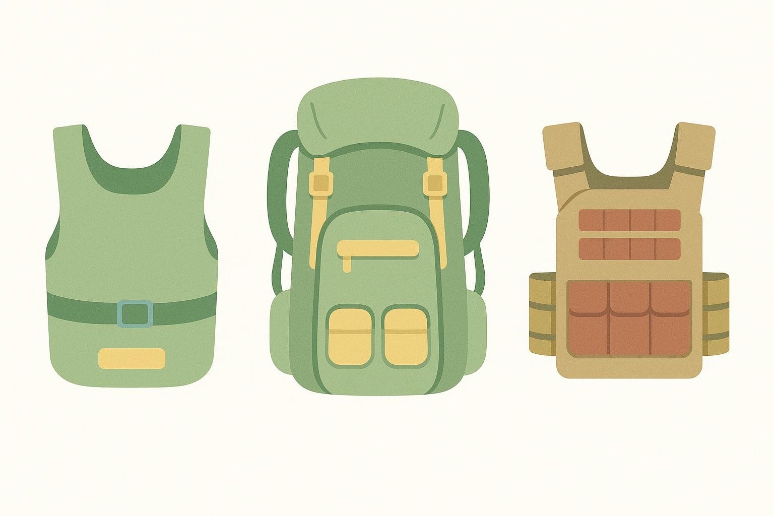 An illustration comparing the silhouettes of a ruck vest, a backpack, and a tactical plate carrier. The ruck vest is solid green, the backpack is green with yellow straps and pockets, and the tactical plate carrier is tan with brown pouches.
