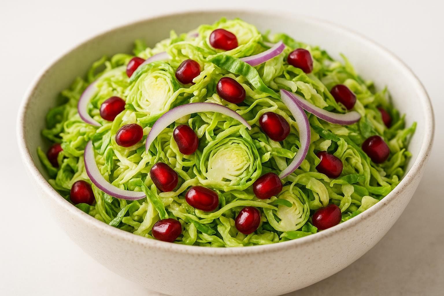 A close-up photograph of a shaved brussels sprout salad, highlighting the texture of the sprouts, red onion, and pomegranate seeds.