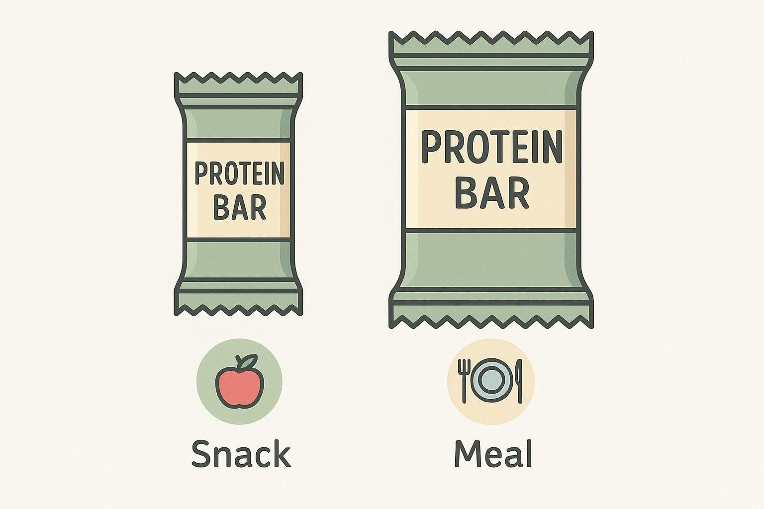An infographic comparing a smaller snack protein bar with a larger meal replacement protein bar.