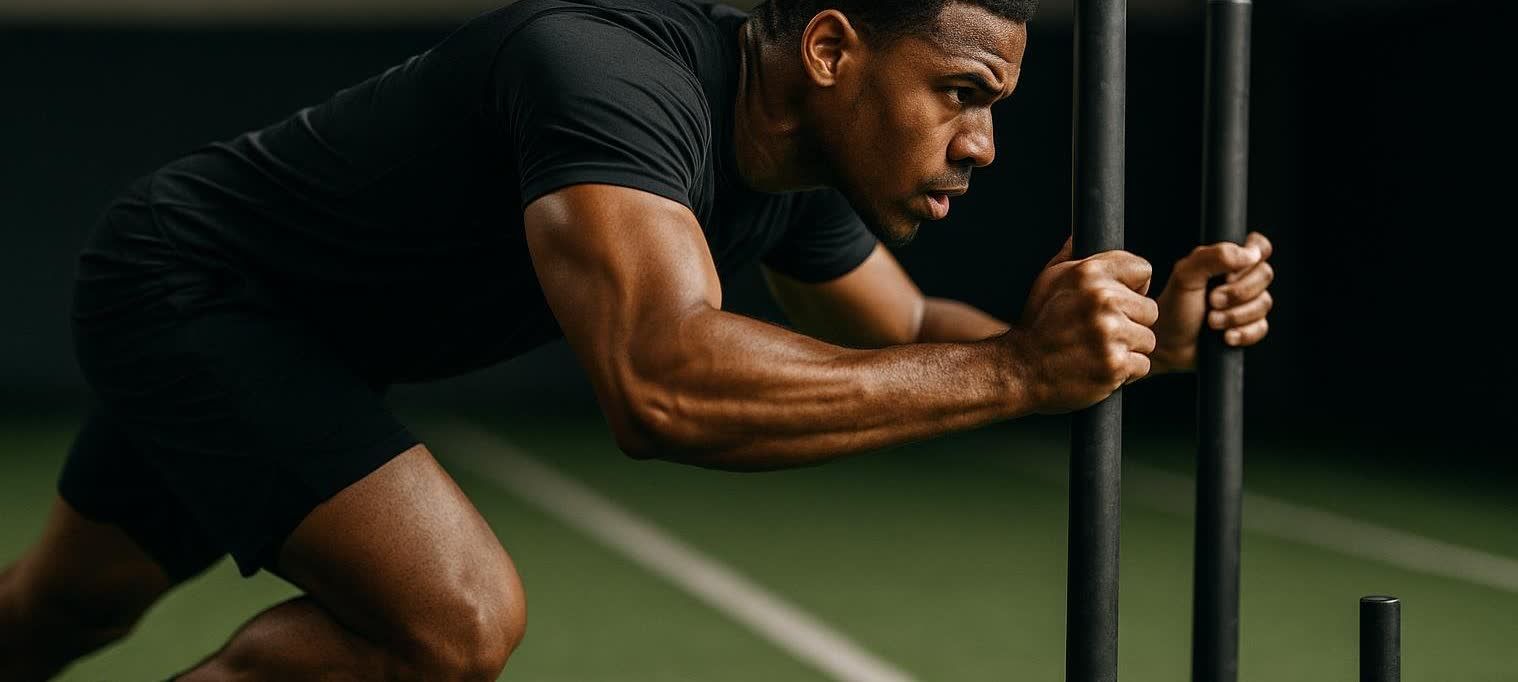 An athlete seen from a low angle, powerfully pushing a weight sled across a green turf field, with a focused expression on his face and bulging arm muscles.