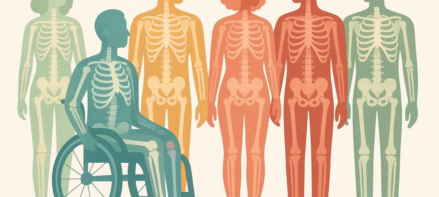 Illustrative silhouettes of diverse people, one in a wheelchair, with their skeletons visible, representing overall bone health.