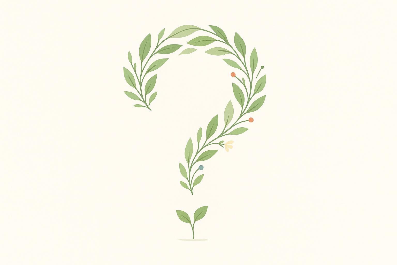 A stylized question mark composed of various green leaves and small colorful berries or flowers, set against a light cream background.