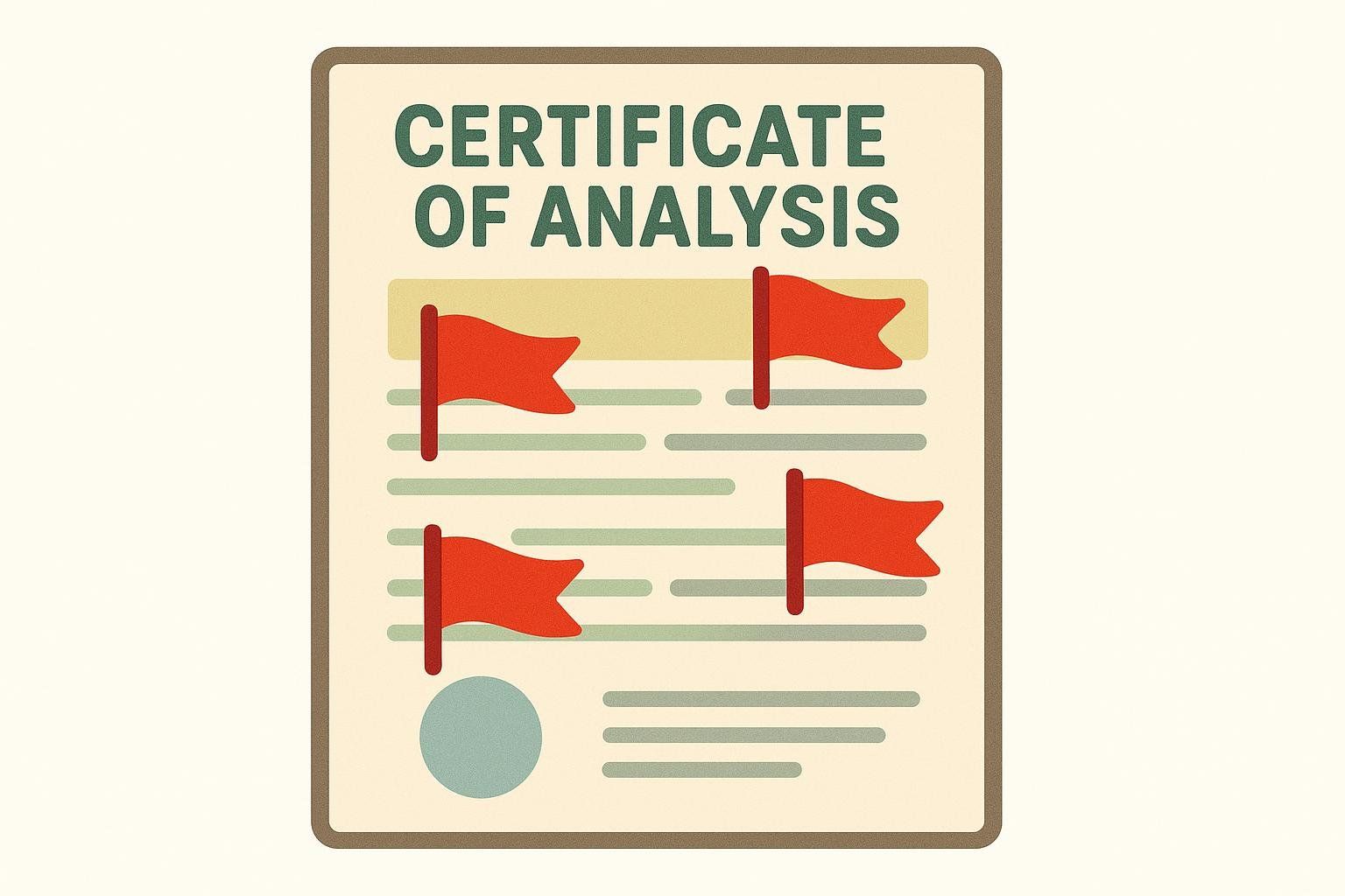An illustration of a document titled 'Certificate of Analysis' with four red flags placed on it, symbolizing areas of concern or 'red flags' to look for in a peptide COA.