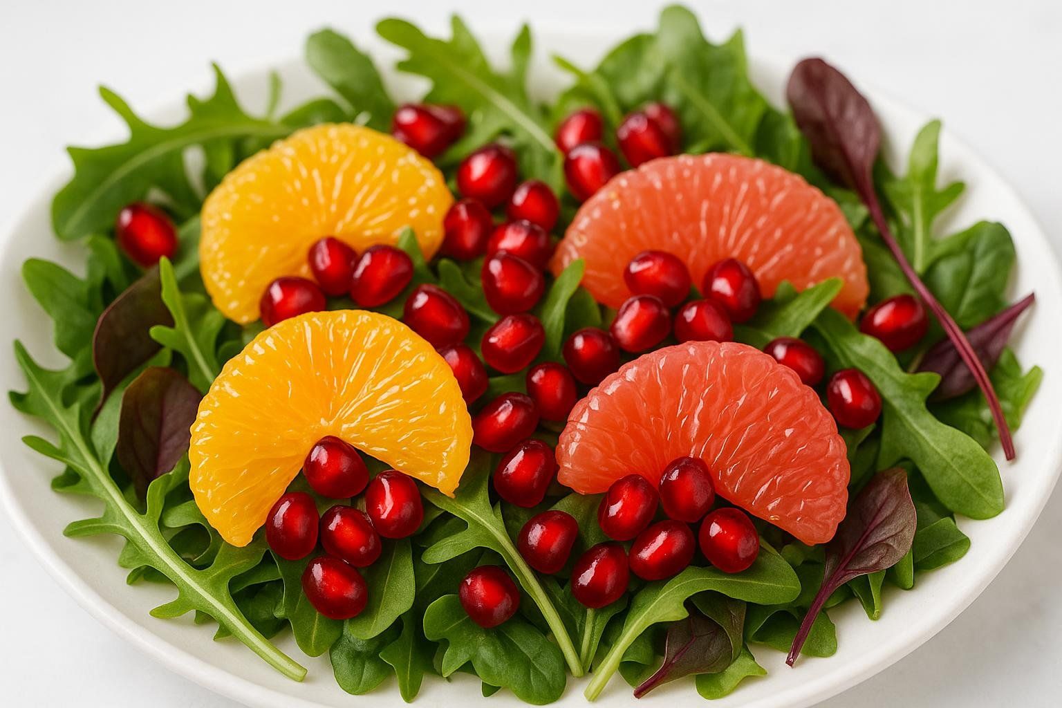 A bright, refreshing salad with juicy orange segments and sparkling pomegranate seeds on a bed of greens.