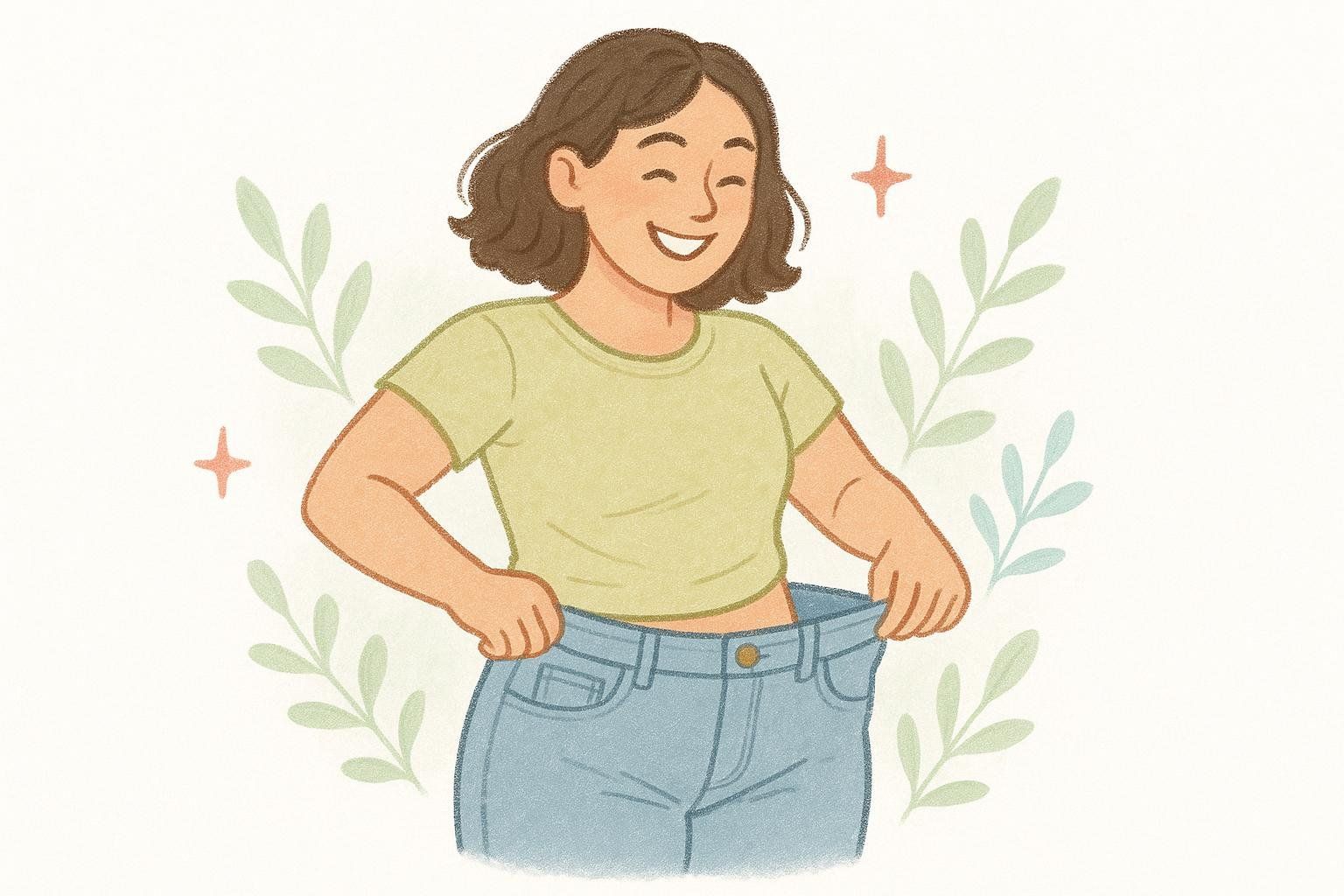 An illustration of a smiling woman with wavy brown hair happily holding up her loose-fitting jeans around her waist, indicating weight loss or fitness progress. Green leaves and small 'sparkle' symbols adorn the light background.