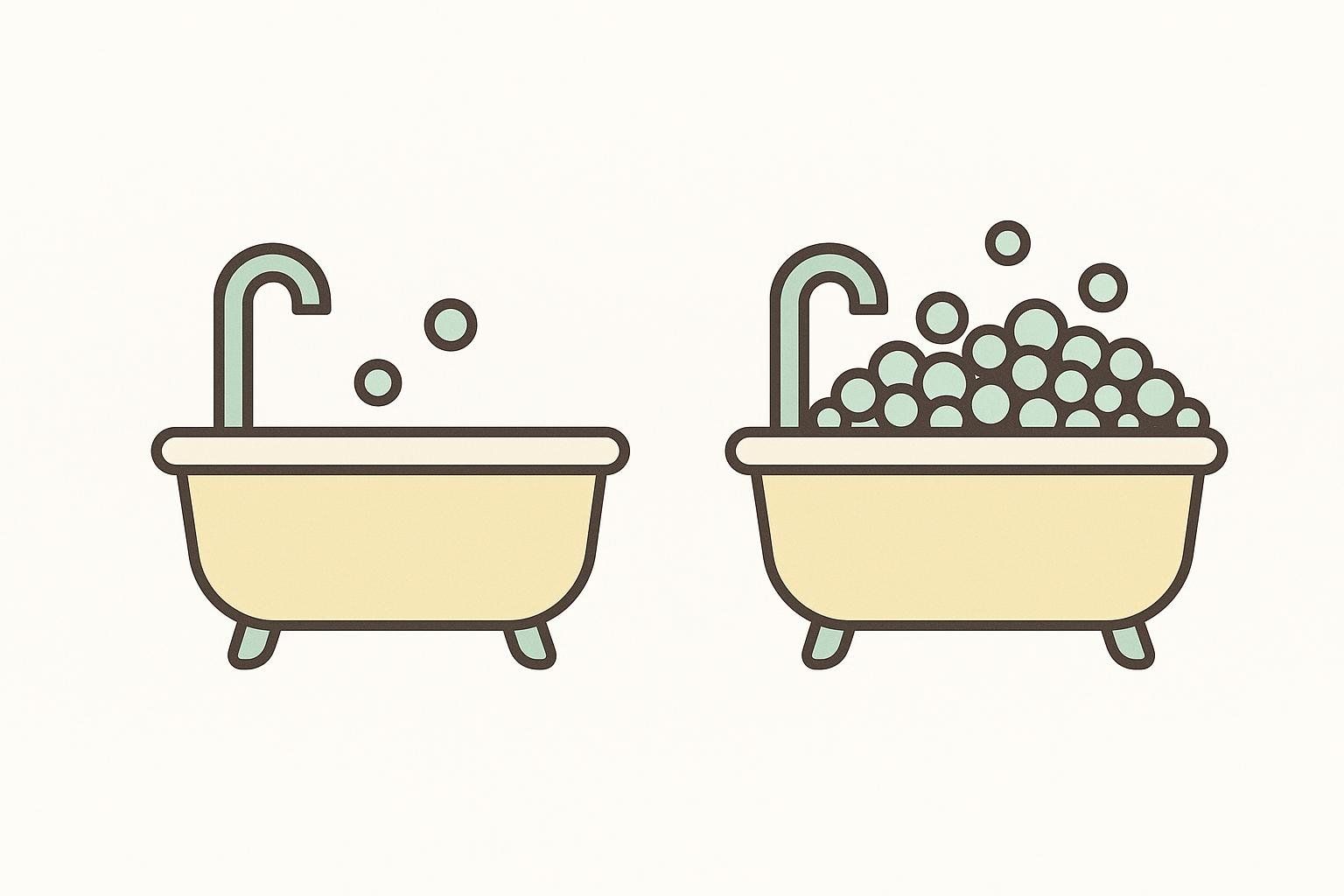 Illustration comparing low and high concentrations of dissolved hydrogen in a bathtub, represented by few versus many bubbles.