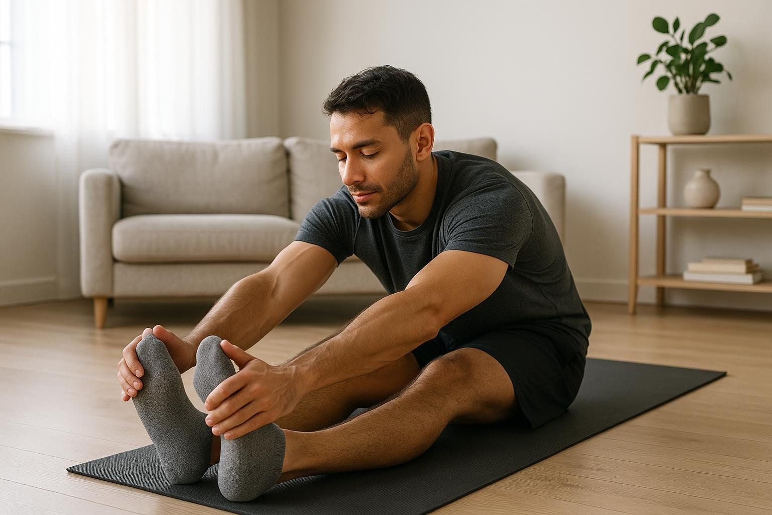 A man stretching gently in a sunlit room as part of an active recovery day.