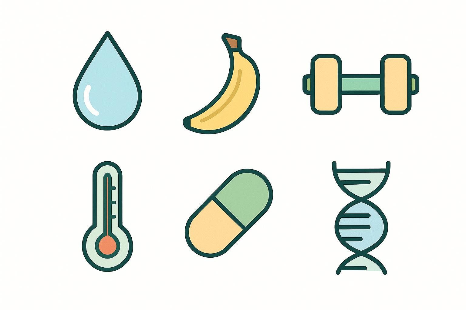 A grid of six icons representing factors for muscle pump, including hydration (water drop), carbs (banana), training (dumbbell), temperature (thermometer), supplements (pill capsule), and genetics (DNA strand).