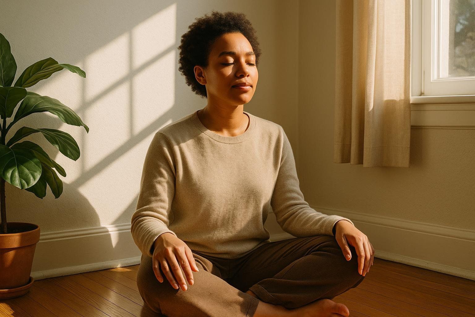 An individual with closed eyes, sitting cross-legged on a wooden floor, bathed in warm sunlight, with a houseplant to their left. They appear to be meditating or practicing mindfulness in a peaceful indoor setting.