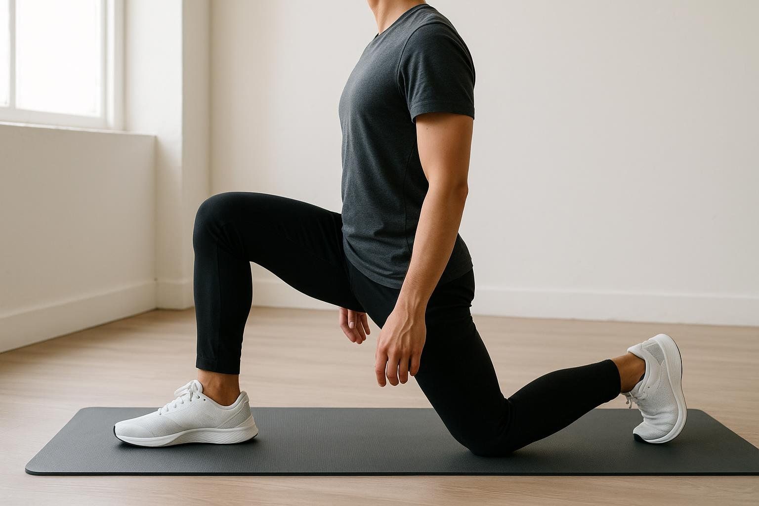 A person demonstrates a half-kneeling hip flexor stretch exercise on a black yoga mat, with one knee on the ground and the other foot flat on the mat in front. They are wearing a charcoal grey t-shirt, black pants, and white athletic shoes.