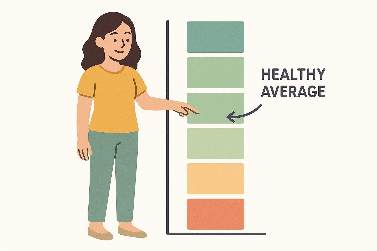 An illustration of a woman in a yellow shirt and green pants pointing to a vertical bar chart. An arrow and the text "HEALTHY AVERAGE" point to one of the middle green bars on the chart, indicating a healthy body fat percentage range.