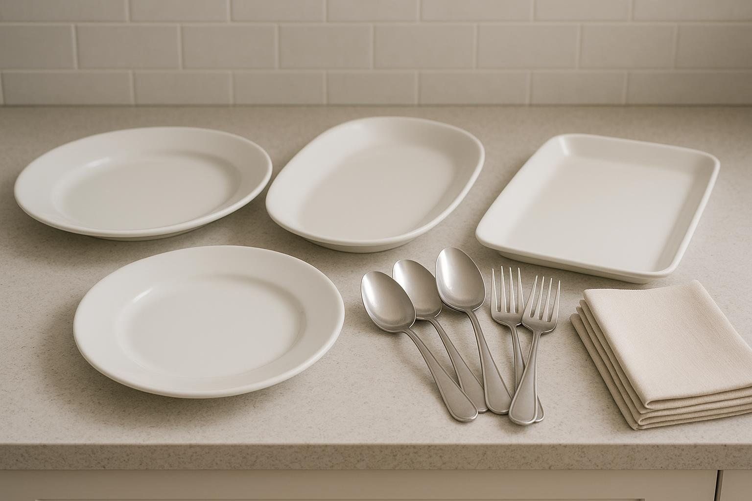 Empty white serving platters of various shapes and sizes, silverware, and folded beige cloth napkins are neatly arranged on a light-colored countertop with a white subway tile backsplash, suggesting readiness for a meal.