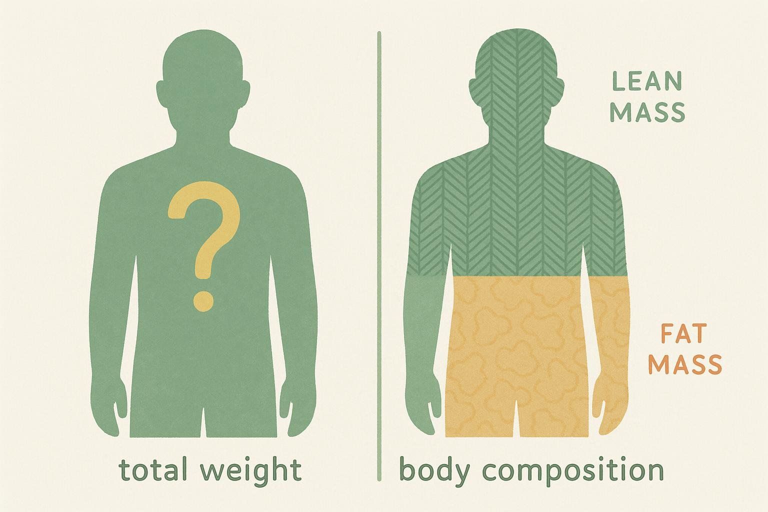 Illustration comparing two figures: one representing the uncertainty of body weight with a question mark, and the other clearly showing the breakdown of lean mass (green) and fat mass (orange) labeled as 'body composition'.