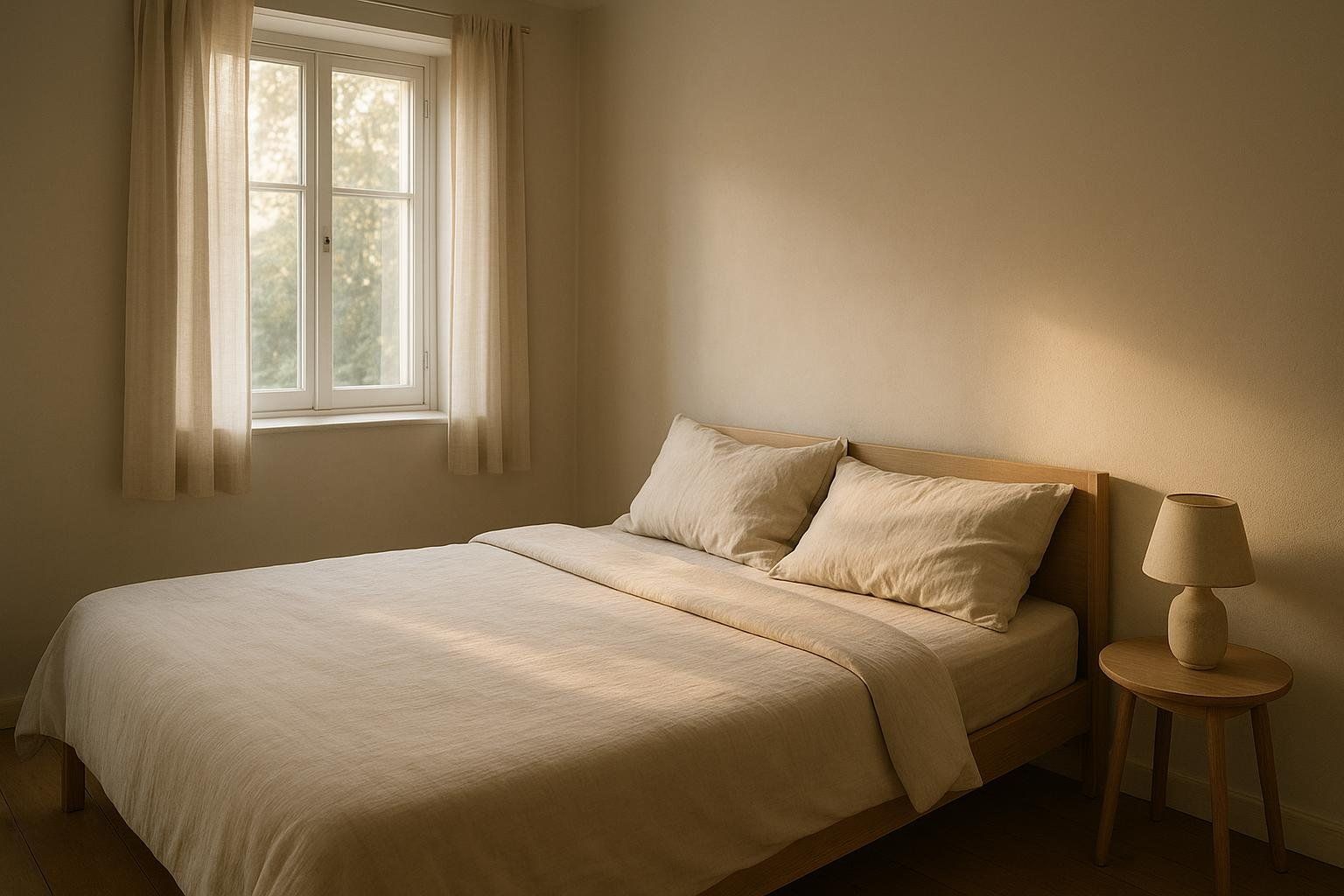 A calm, minimalist bedroom with soft morning light illuminating the light beige bedding and a small wooden bedside table with a lamp. The room emphasizes comfort and tranquility.