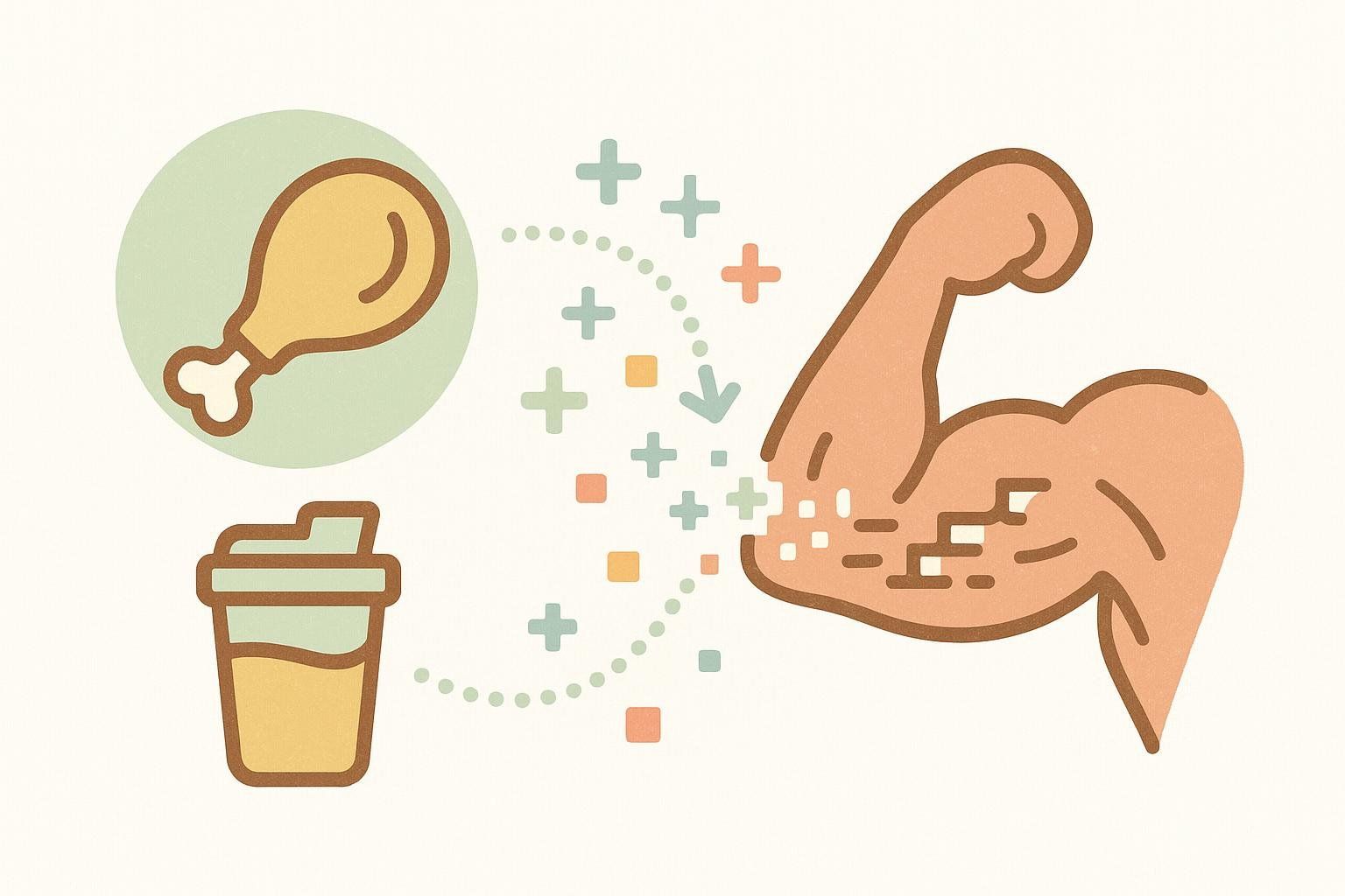 Illustration showing protein sources like chicken leg and protein shake contributing to muscle repair and growth.