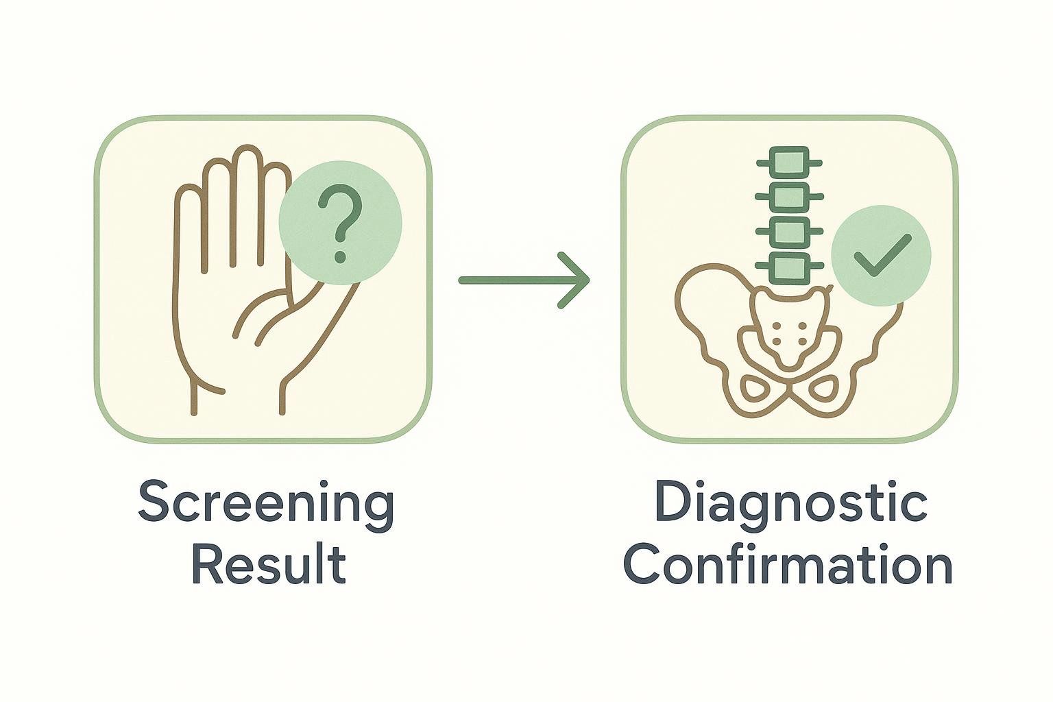 A flowchart showing that a peripheral screening result should be followed by a central DXA for diagnostic confirmation.