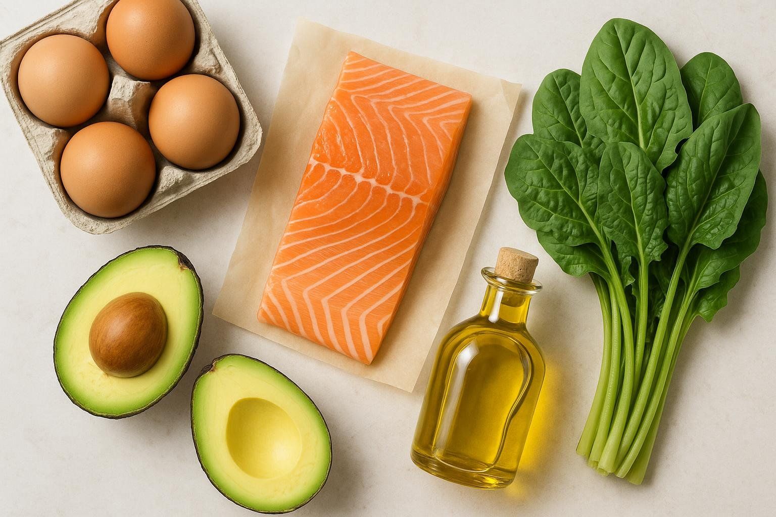 Vibrant collection of keto pantry staples: eggs, salmon, avocado, olive oil, and leafy greens.