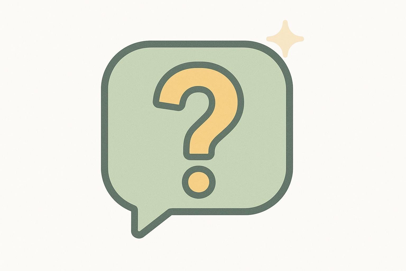 A soft green speech bubble containing a yellow question mark, with a small yellow starburst above it, representing an FAQ or question.