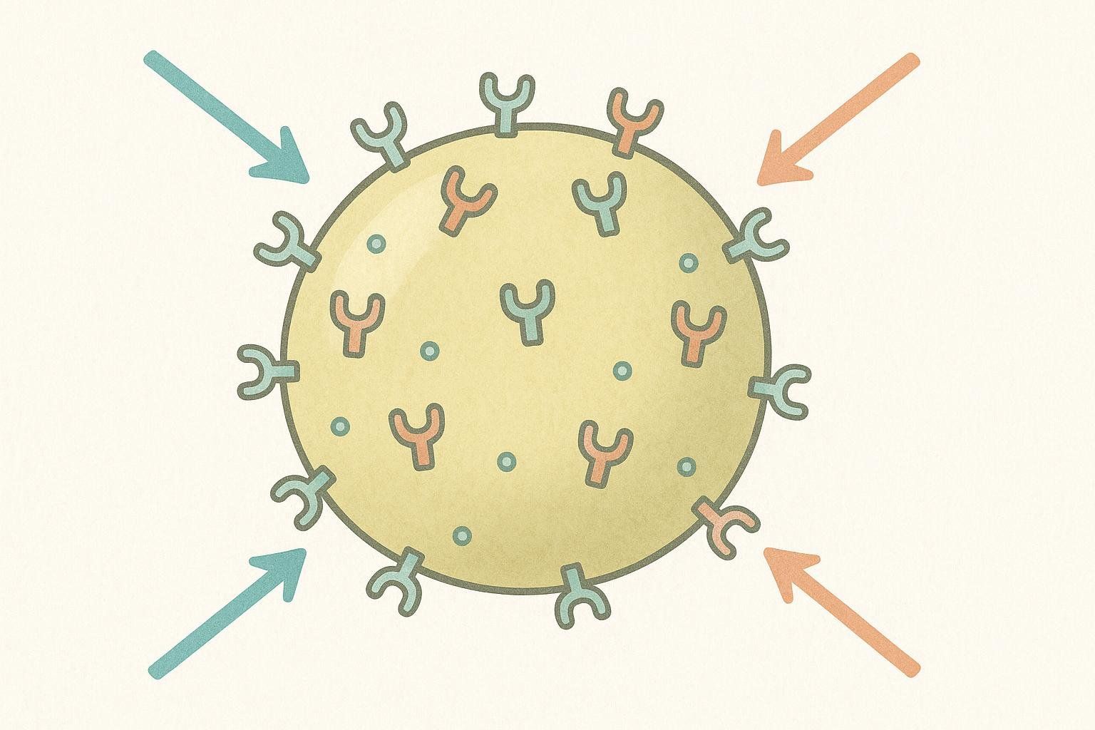 An abstract illustration of a visceral fat cell with many receptor icons, showing responsiveness to hormone icons.