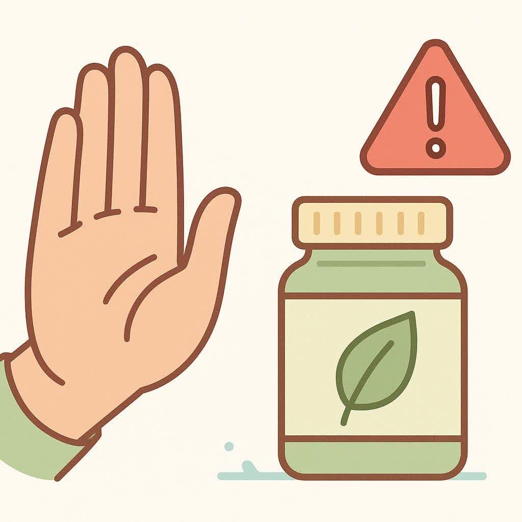 A warning icon with a hand gesturing 'stop' to a bottle of cleanse supplements, highlighting the risks.