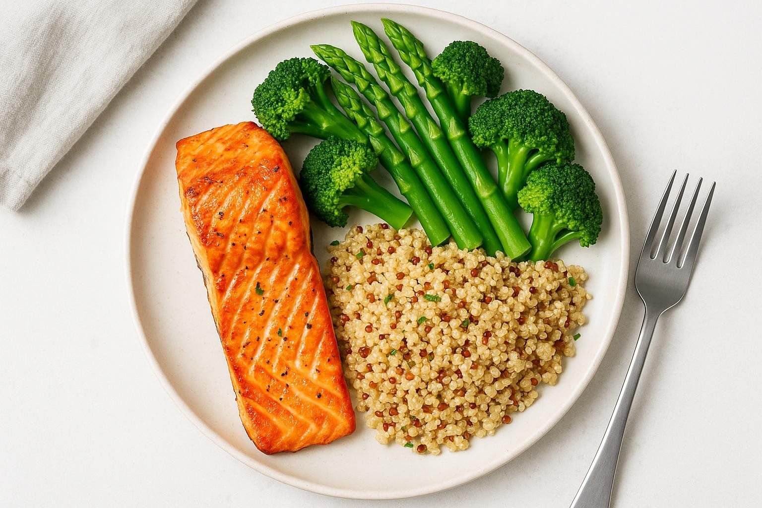 A top-down view of a healthy, high-protein meal with salmon, quinoa, and vegetables, ideal for sarcopenia nutrition.