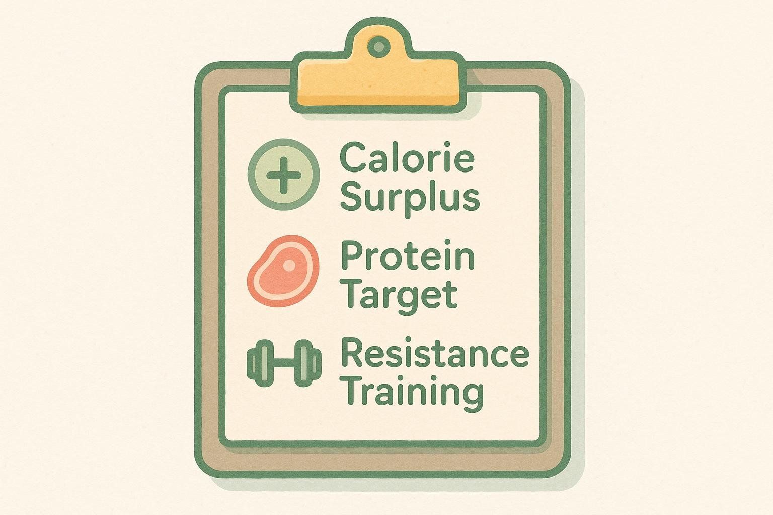 Illustration of a clipboard listing three key elements for healthy weight gain: Calorie Surplus with a plus sign icon, Protein Target with a meat icon, and Resistance Training with a dumbbell icon.