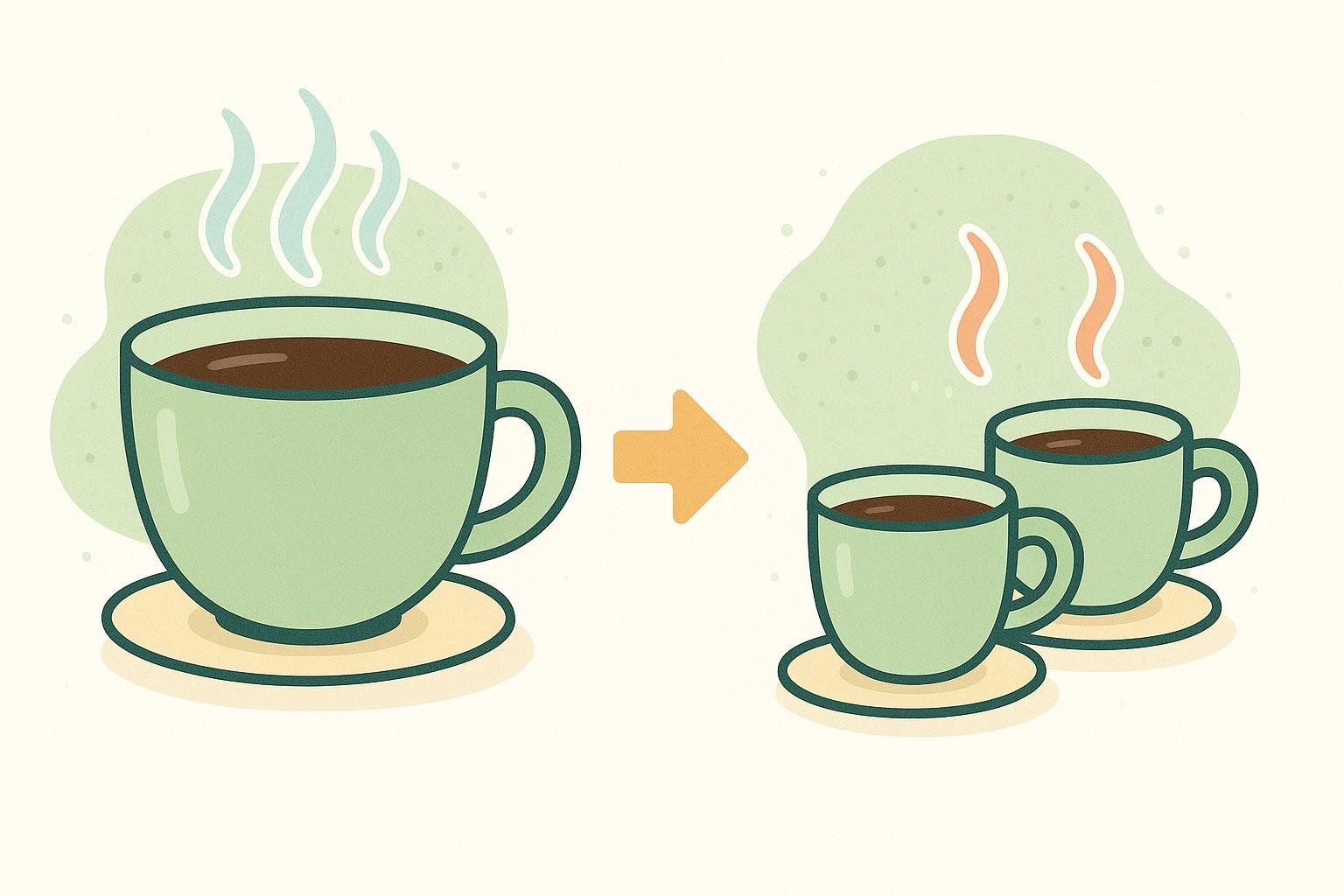An illustration showing a large cup of coffee, representative of a large dose of caffeine, being split into two smaller cups, representing two smaller doses to be taken at different times. An orange arrow between the large cup and the two small cups indicates the transition.