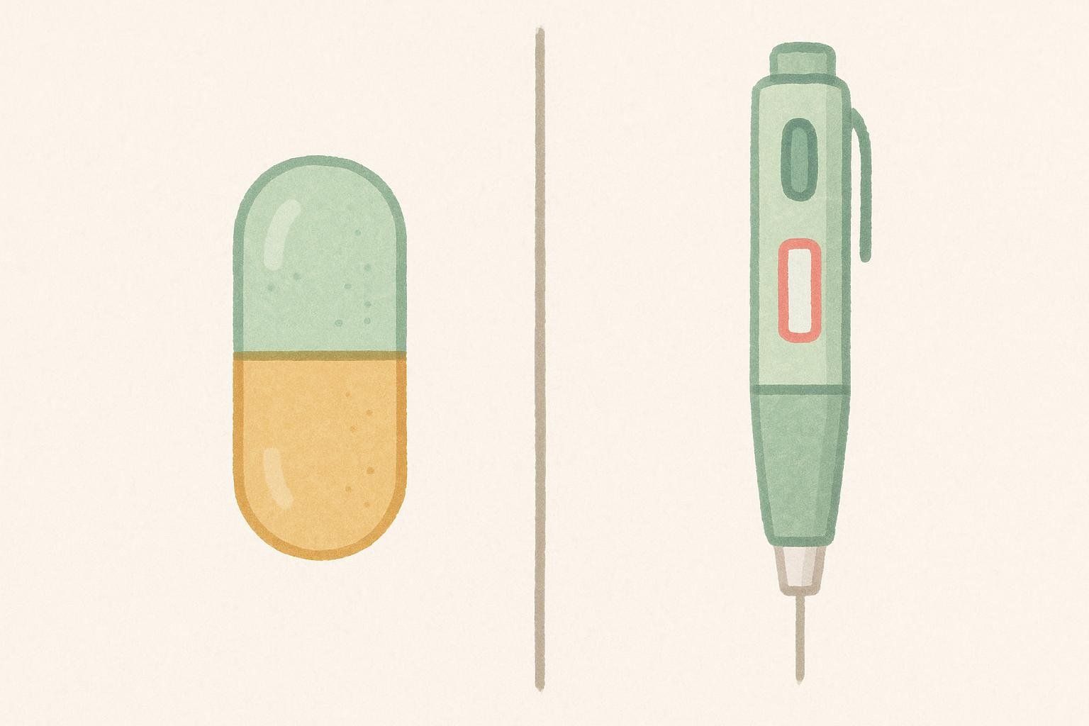 Illustration comparing an oral pill to an injection pen