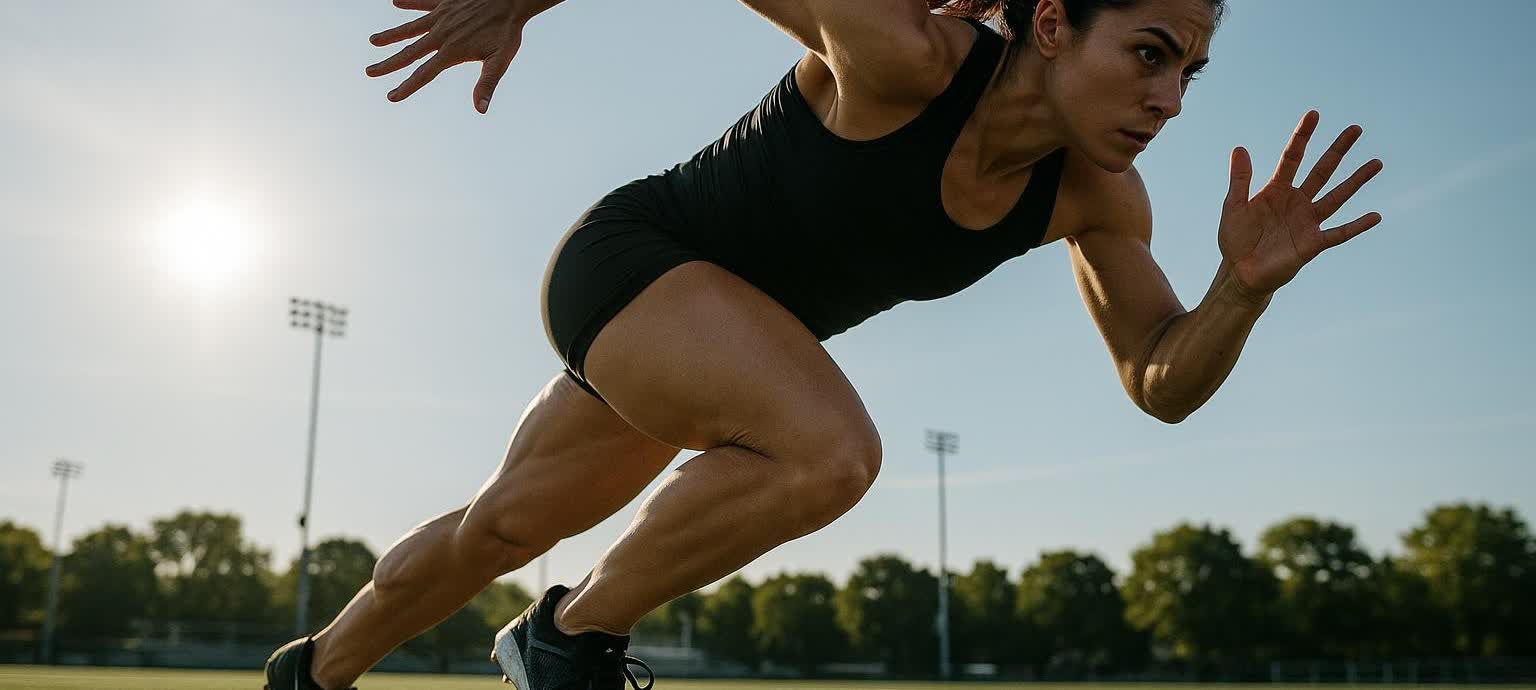 A strong female athlete with dark hair in a black tank top and shorts explodes from a starting position on a green turf field. She is in mid-stride, propelling forward with powerful leg muscles, arms bent and hands open, focused intently. The bright sun is behind her, and in the background, there are stadium lights and trees.
