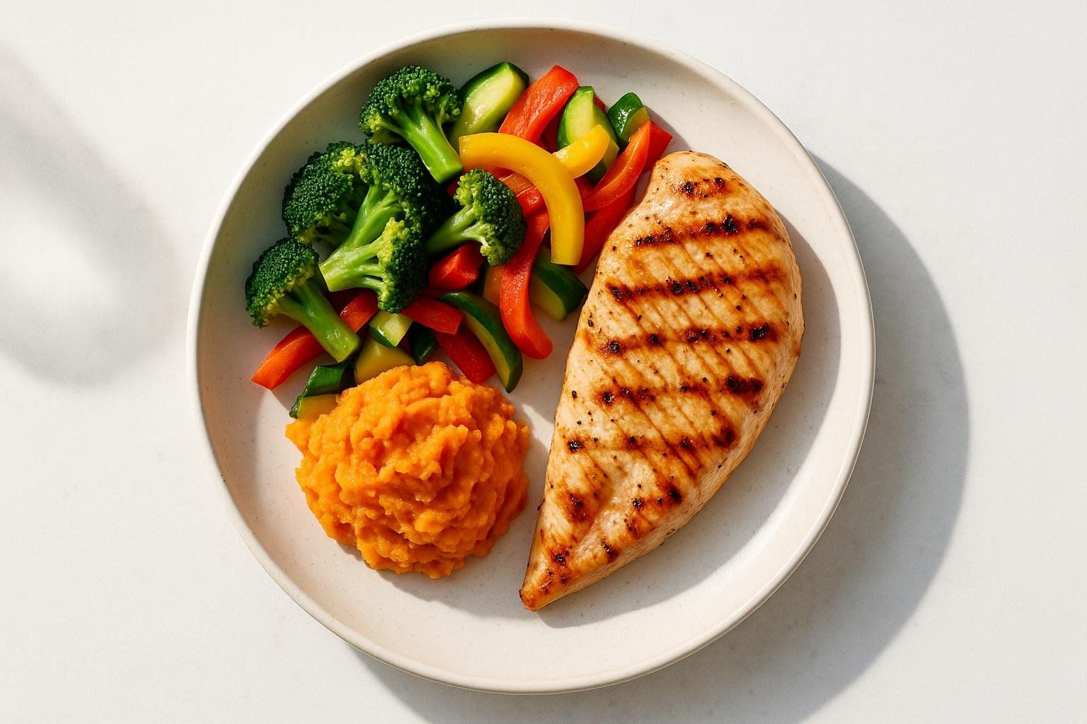 A top-down view of a healthy meal on a white plate, featuring a grilled chicken breast, mashed sweet potatoes, and a side of steamed broccoli, zucchini, and red and yellow bell peppers.