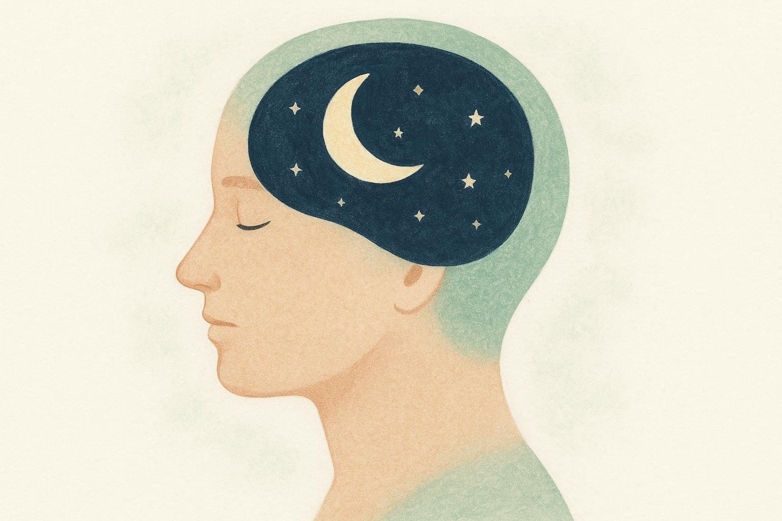 An illustration of a person's head in profile with closed eyes, containing a dark blue night sky with a crescent moon and stars, symbolizing restorative sleep or peaceful thoughts.
