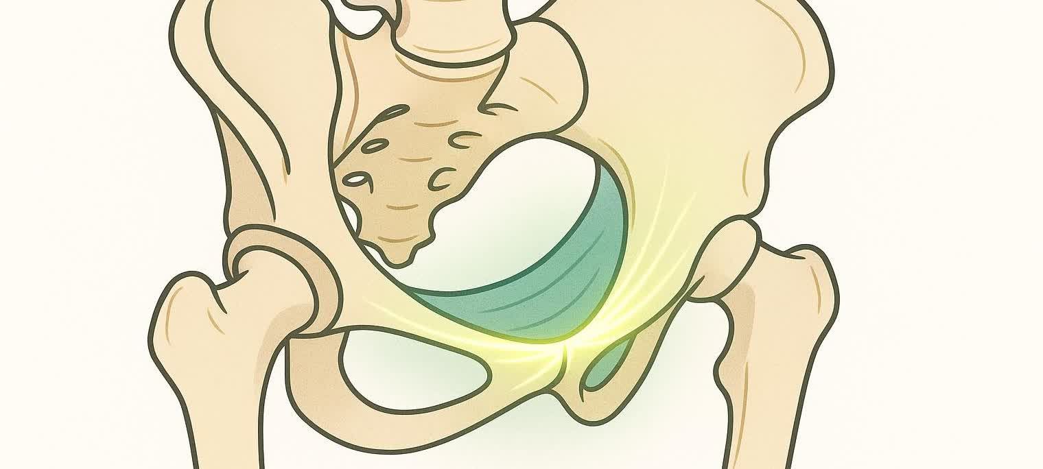 An abstract illustration of the pelvic floor muscles shown as a supportive hammock at the base of the pelvis.
