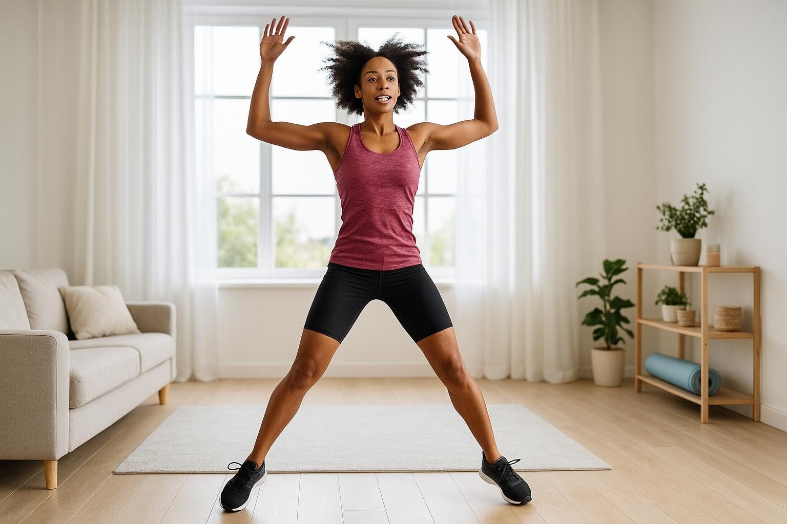 A woman with afro styled hair, wearing a maroon tank top and black shorts, does jumping jacks in a modern living room as part of a fitness challenge warm-up. Her arms are raised above her head and her legs are spread wide.