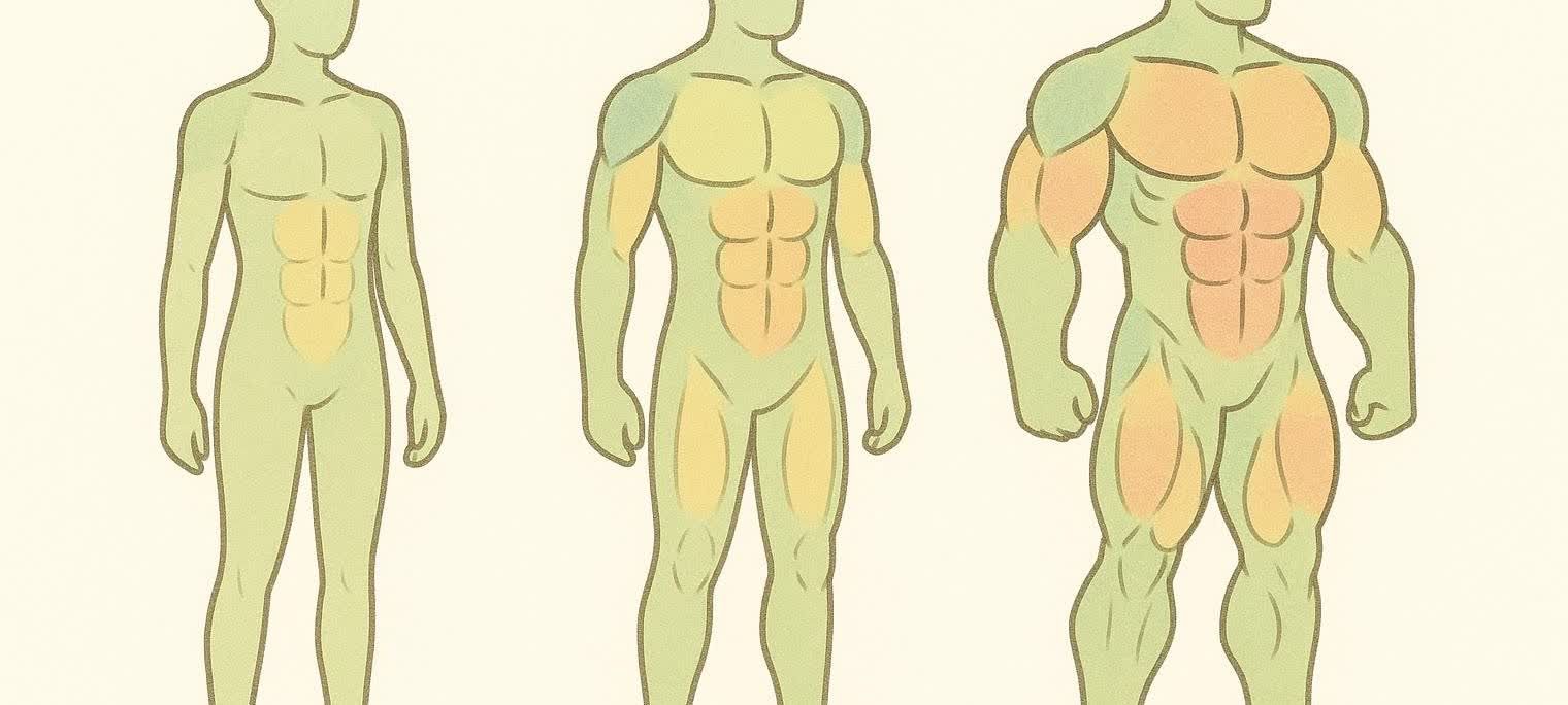 An illustration showing the progressive stages of muscle growth on a human silhouette, symbolizing natural bodybuilding development.