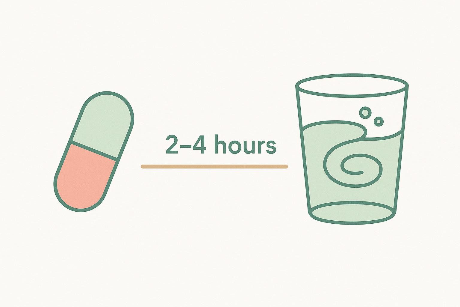 An illustration depicting a pill capsule on the left, a glass of water with a swirl design on the right, and the text '2-4 hours' in between, suggesting the recommended time gap between taking medication and fiber supplements.