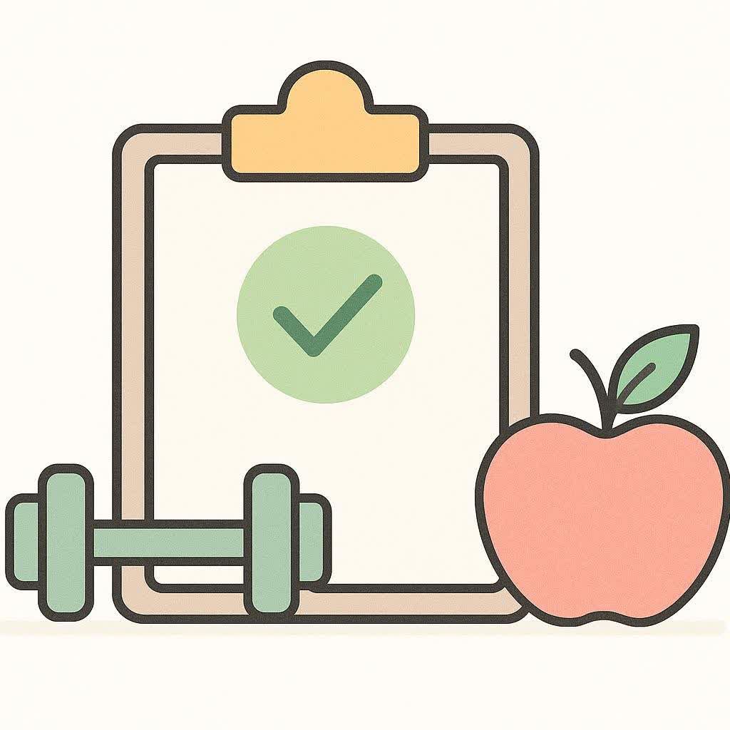 An illustration showing a clipboard with a green checkmark, a green dumbbell, and a red apple, symbolizing a well-planned fitness and nutrition regimen.