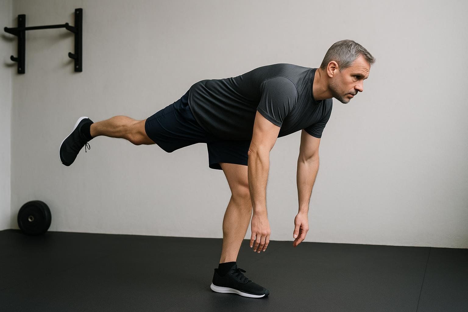 A man in a gym performs a single-leg deadlift with his body forming a straight line from his head to his extended back leg, demonstrating excellent form for a balance and strength exercise.