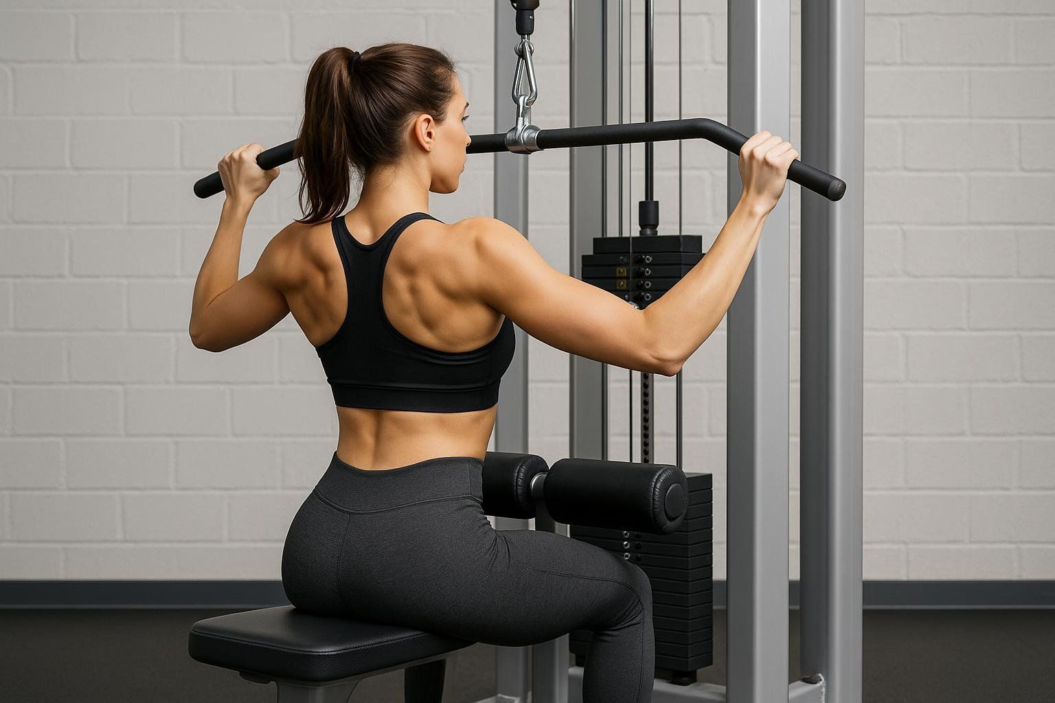 A woman with her back to the camera performs a lat pulldown exercise on a machine, showcasing well-defined back muscles. She is seated and grasping the bar above her head, with a white brick wall in the background.