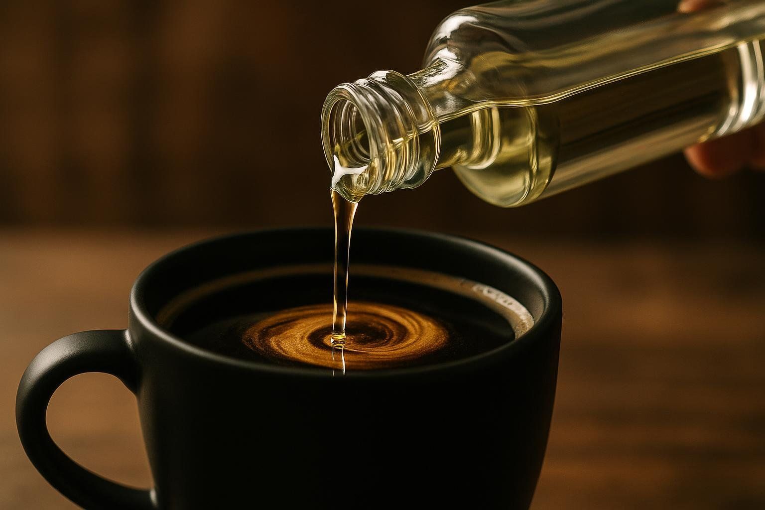 A close-up shot of MCT oil being poured from a clear bottle into a black mug of coffee, creating golden, swirling patterns on the surface.