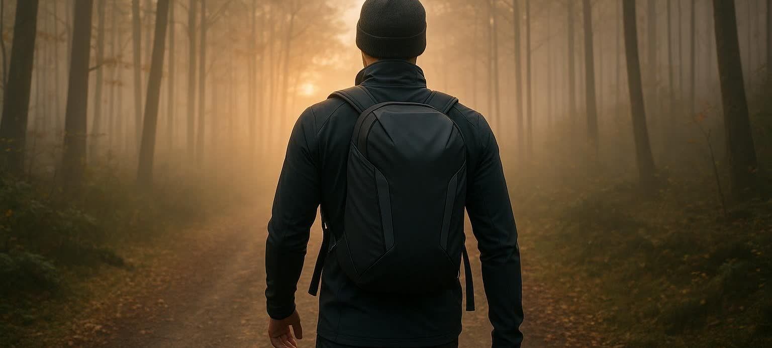 A person wearing a black hat, black jacket, and a black backpack walks away from the viewer on a forest trail at sunrise. The trees are tall and thin, and the light from the rising sun creates a golden mist through the woods.