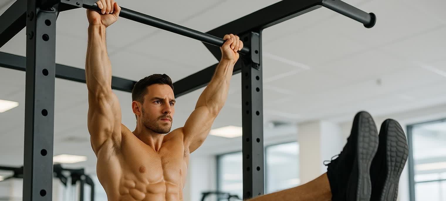 A muscular man performing a hanging leg raise in a modern gym. He is gripping a pull-up bar with both hands, and his body is facing forward as his legs are raised parallel to the ground.
