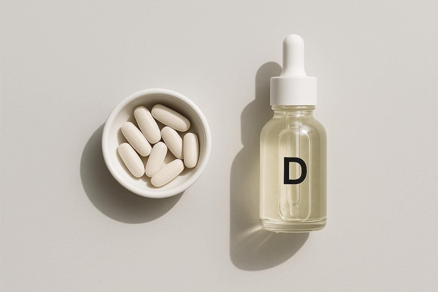 A beige bowl filled with oval-shaped calcium tablets sits next to a clear glass dropper bottle labeled with a black 'D', containing a light yellow liquid, against a light gray background. This image represents bone health supplements.