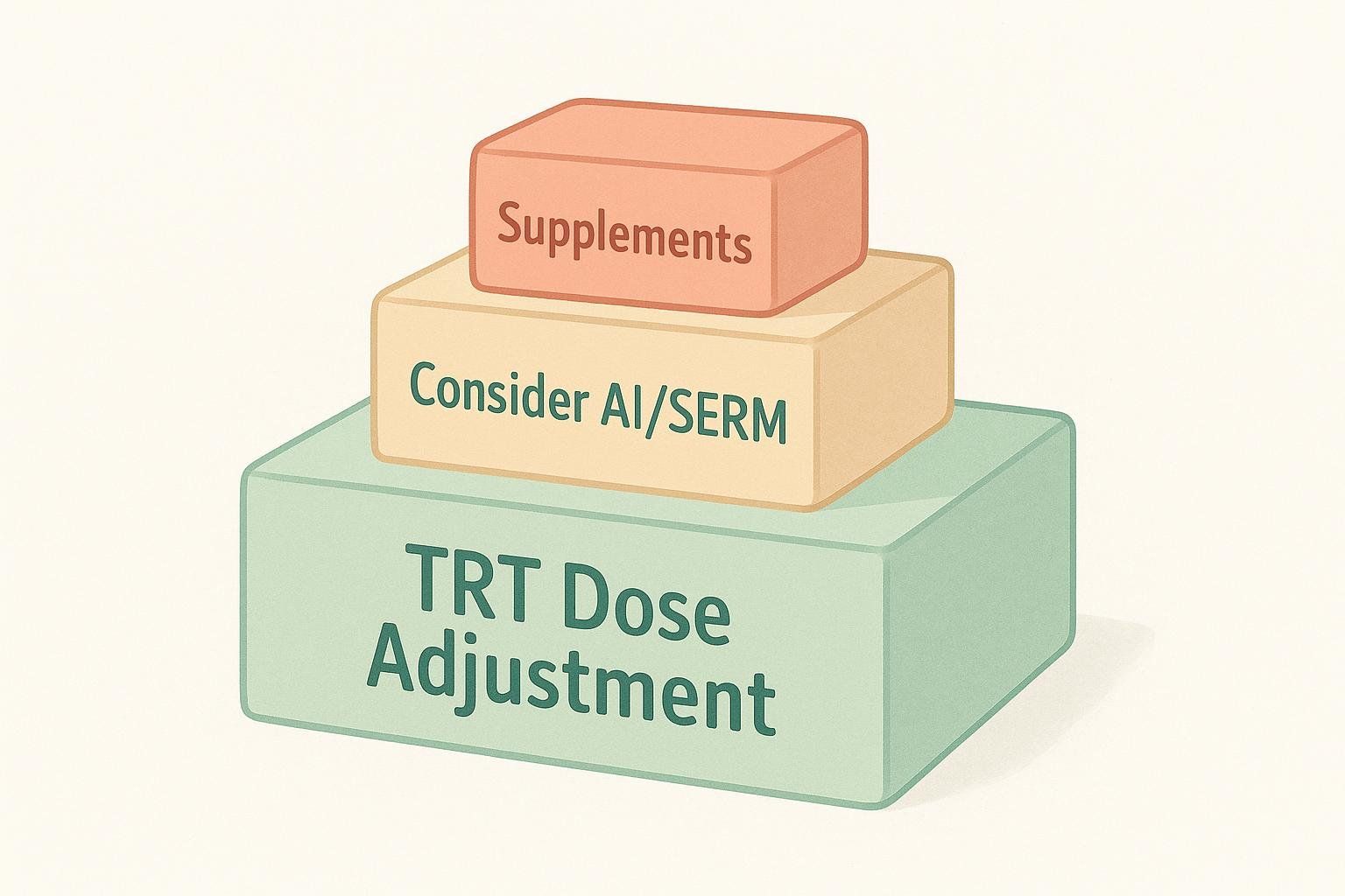 A pyramid of stacked blocks showing the hierarchy of interventions: starting with TRT adjustment before considering an AI or SERM.
