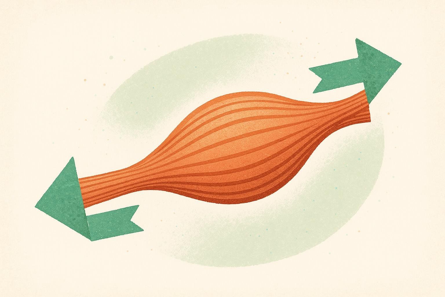 An abstract illustration of a red muscle fiber being pulled in opposite directions by green arrows, representing mechanical tension.