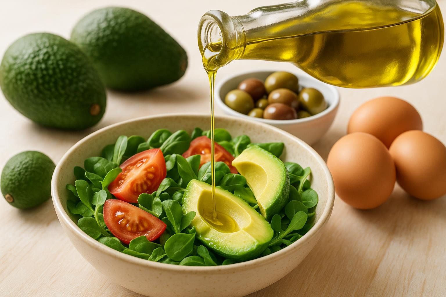 A display of healthy, whole-food fats including olive oil, avocados, and eggs, used to manage calories on a keto diet.