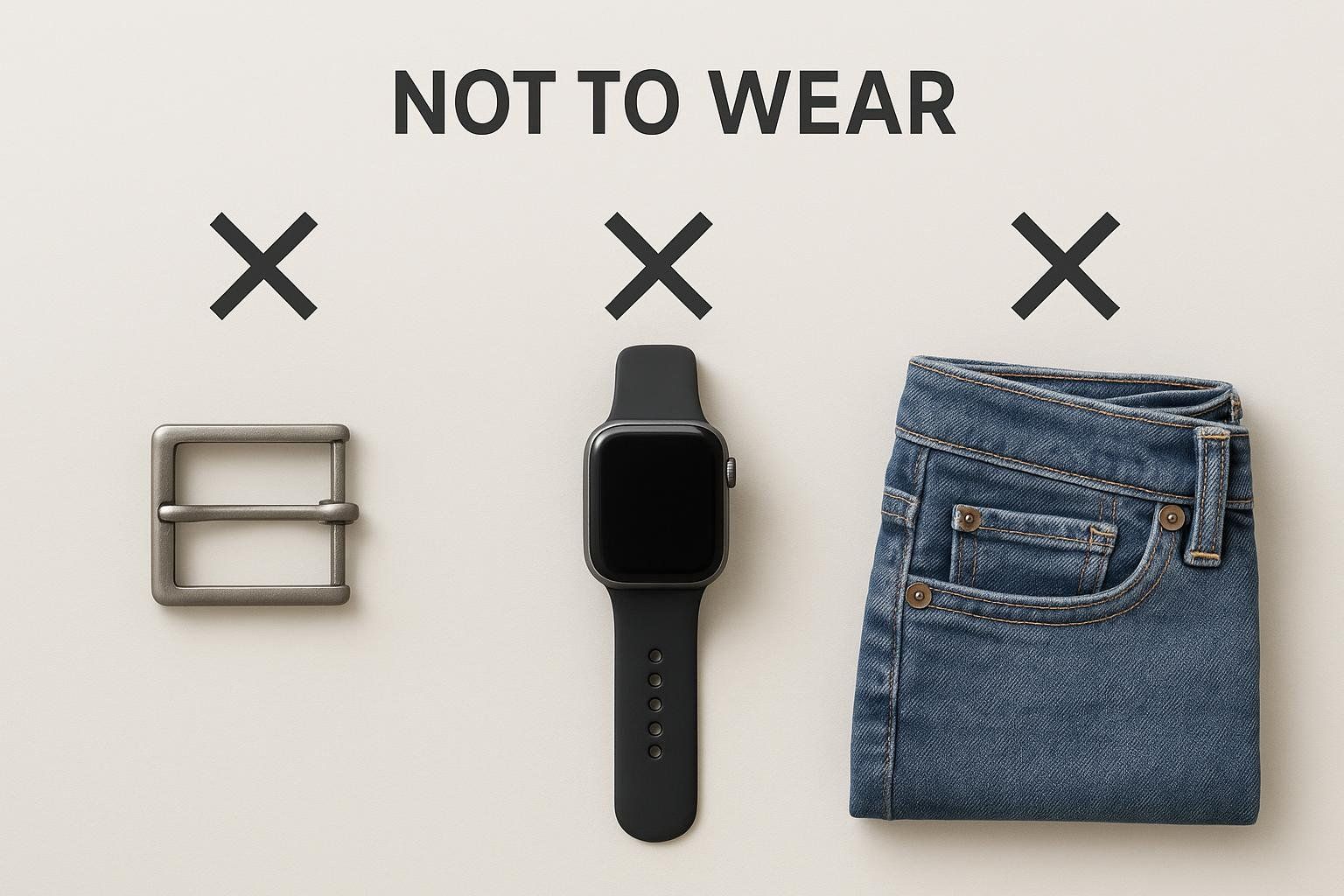 A belt buckle, a smartwatch, and a folded pair of jeans are displayed under 'NOT TO WEAR' with a cross mark above each item, indicating they should be avoided during a DEXA scan.