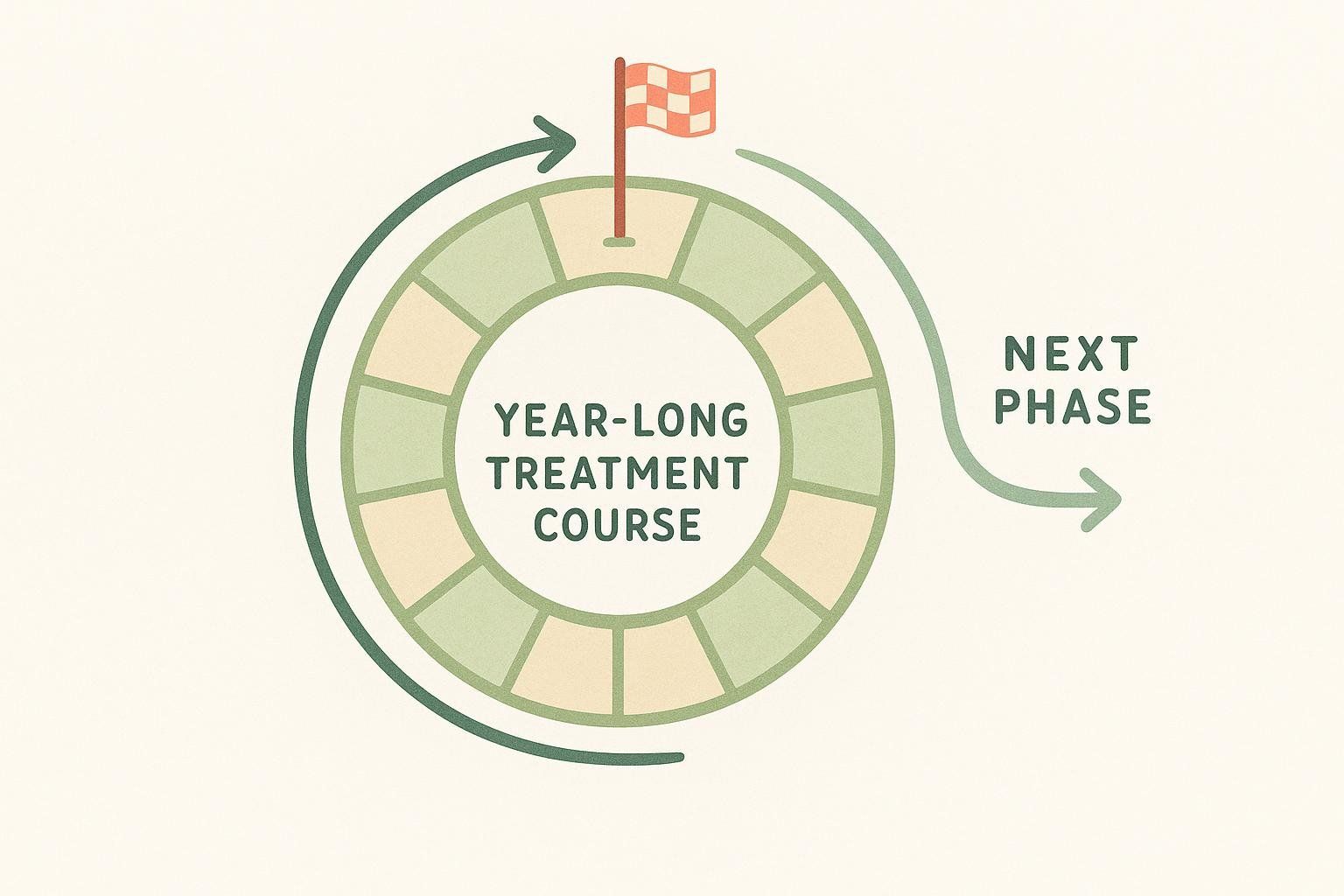 An infographic showing a circular chart representing a year-long treatment course, divided into 12 segments. A checkered flag marks the end of the 12th segment. An arrow curves around the chart, indicating progression, and points to the text 'NEXT PHASE', suggesting a transition after the completion of the year-long course.