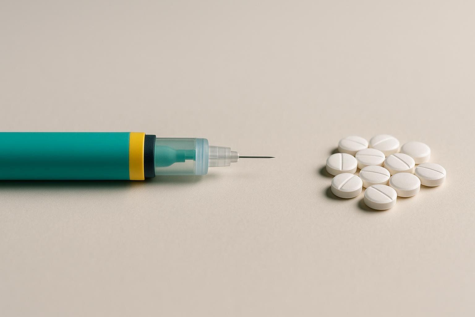 A side-by-side arrangement of a medical injection pen and oral pills.