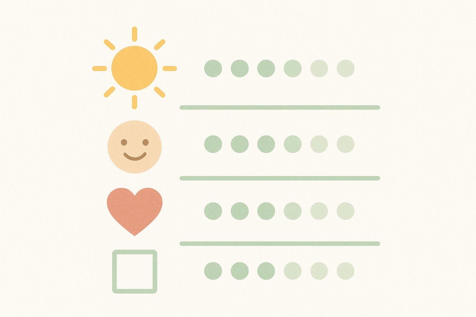 Illustration of a quality-of-life survey with abstract icons and rating scales for energy, mood, and heart health.