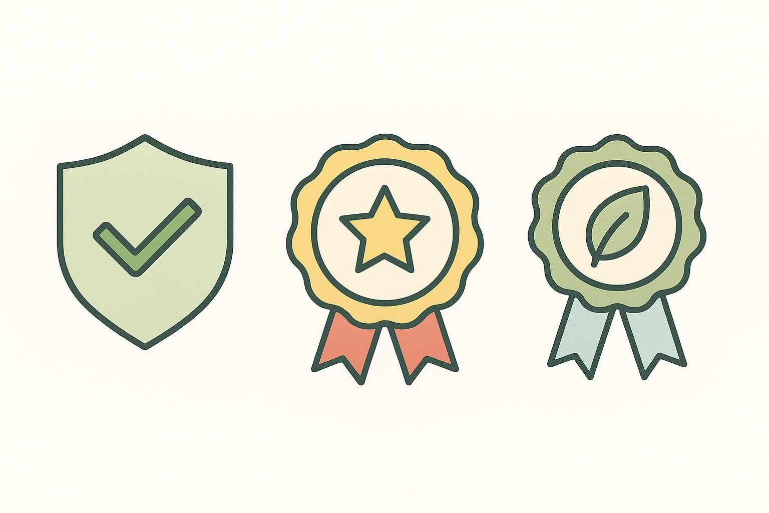 Three icons representing quality and certification. From left to right: a green shield with a checkmark, a yellow rosette badge with a star and red ribbons, and a green rosette badge with a leaf and blue ribbons.